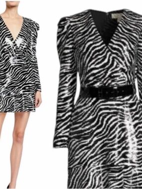 Michael Kors Black and Silver Sequin Zebra Print Dress
